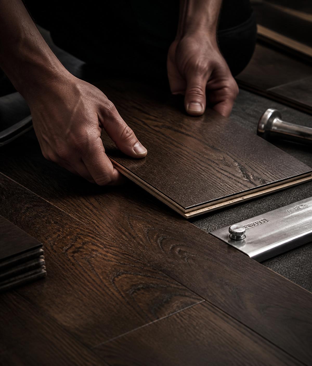 Craftsman installing premium engineered hardwood flooring