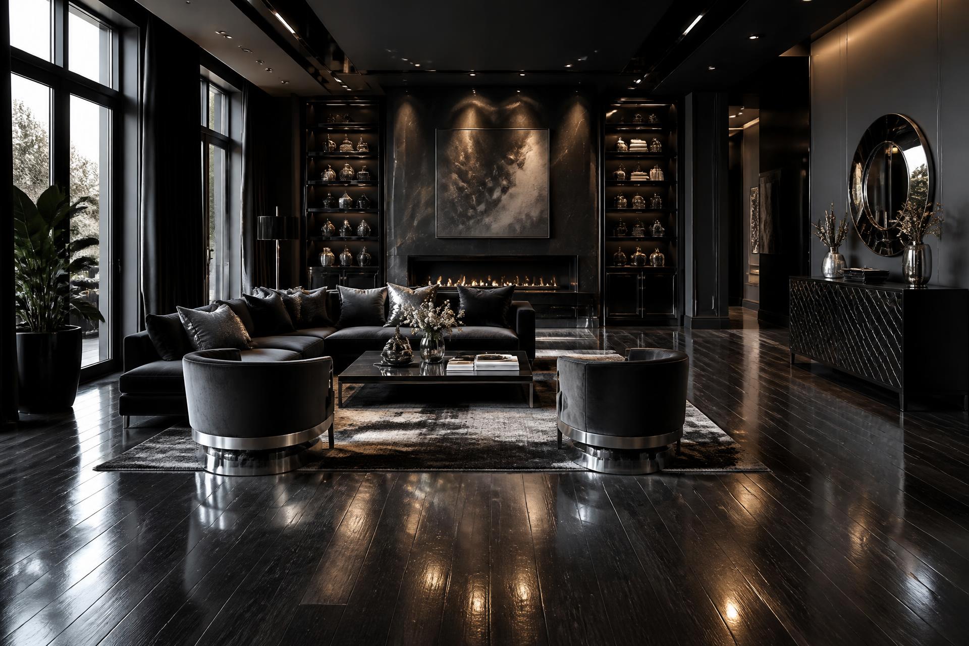 Luxury living room with premium dark hardwood flooring